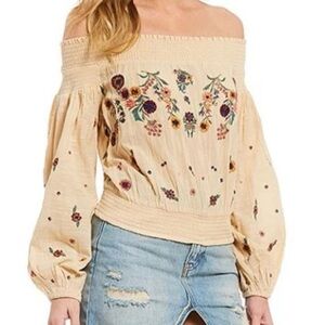Free People Cream Floral Off-Shoulder Blouse